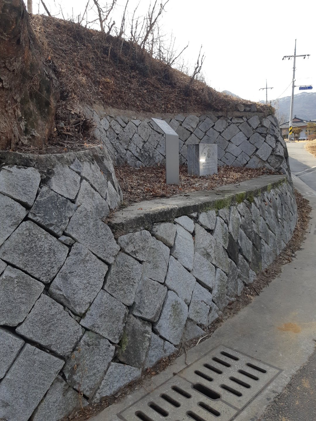 면쌓기로 시공된 마을 도로 석축 — 시공 후 자연화