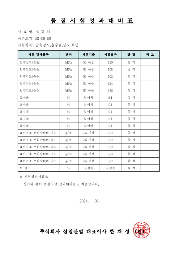 품질시험성과대비표 썸네일 — 상세 수치 비공개